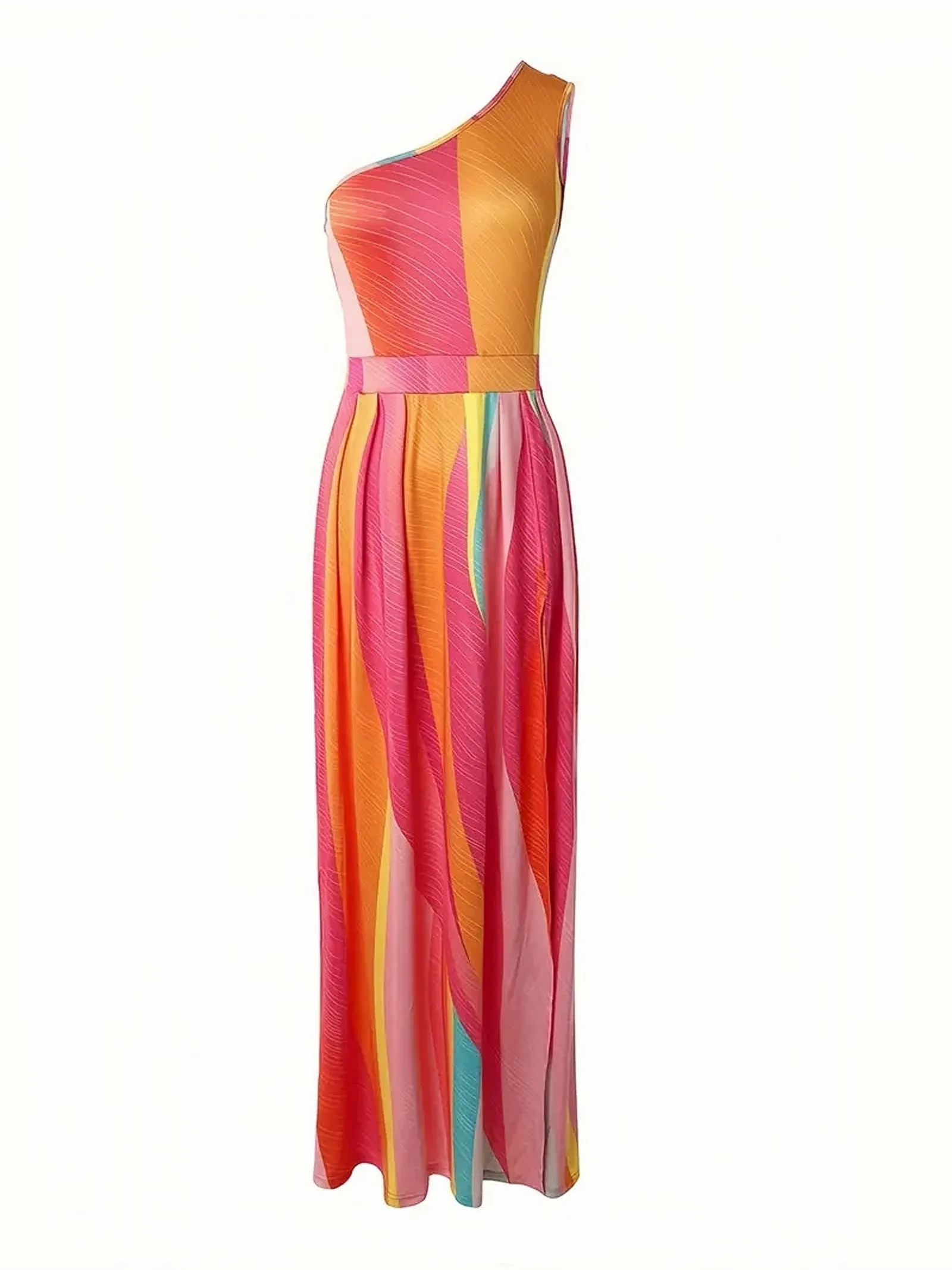 TastyHottie - One Shoulder Rainbow High Slit Maxi Dress