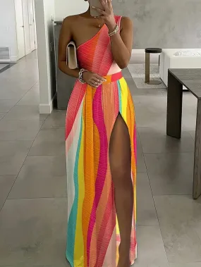 TastyHottie - One Shoulder Rainbow High Slit Maxi Dress