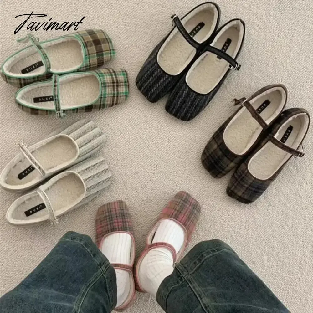 TAVIMART -  2024 Autumn Winter French Style Shoes Women Vintage Flats Square Toe Wool Mary Janes Casual Soft Ballet Shoes Comfort Loafers