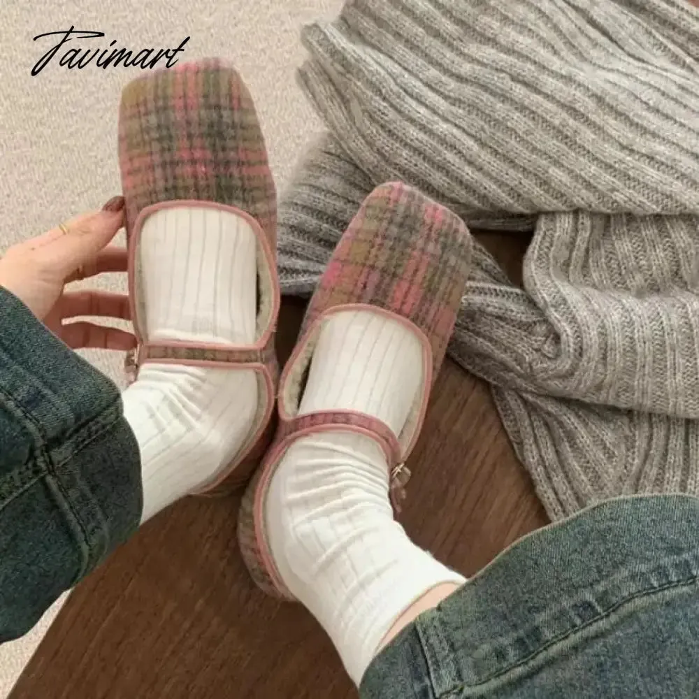 TAVIMART -  2024 Autumn Winter French Style Shoes Women Vintage Flats Square Toe Wool Mary Janes Casual Soft Ballet Shoes Comfort Loafers