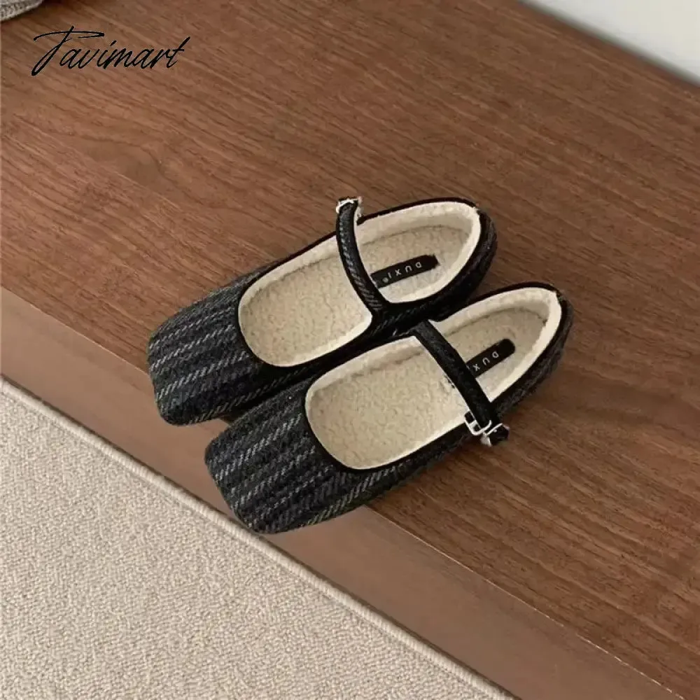 TAVIMART -  2024 Autumn Winter French Style Shoes Women Vintage Flats Square Toe Wool Mary Janes Casual Soft Ballet Shoes Comfort Loafers