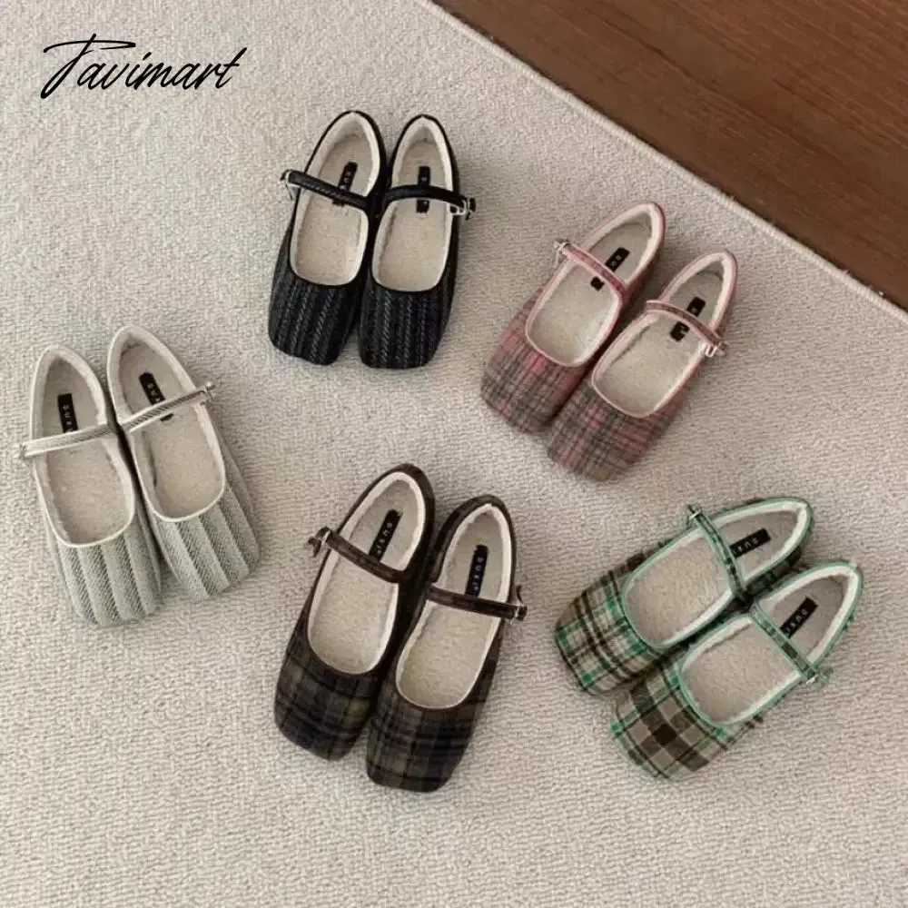 TAVIMART -  2024 Autumn Winter French Style Shoes Women Vintage Flats Square Toe Wool Mary Janes Casual Soft Ballet Shoes Comfort Loafers