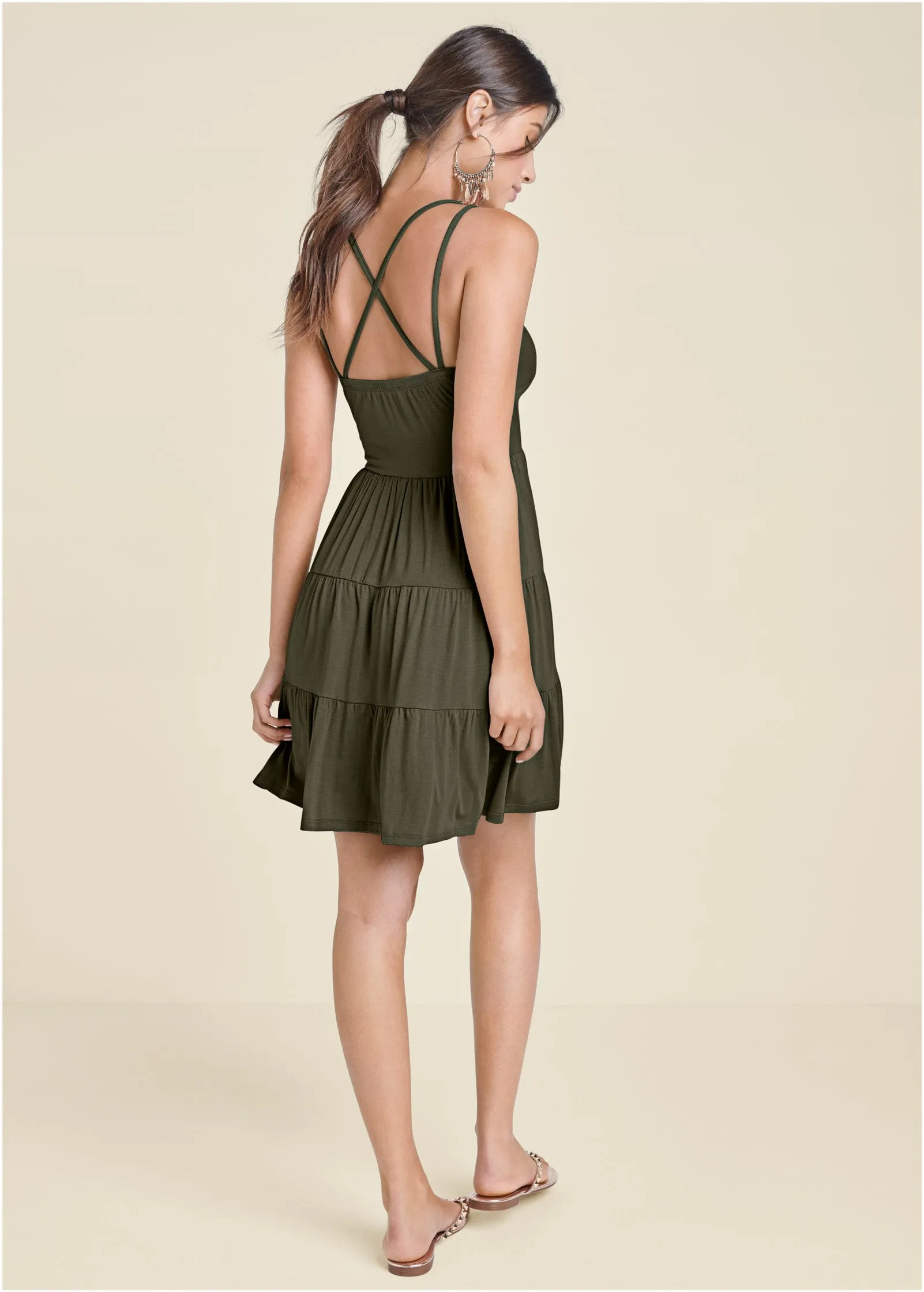 Tiered Strappy Mini Dress - Olive