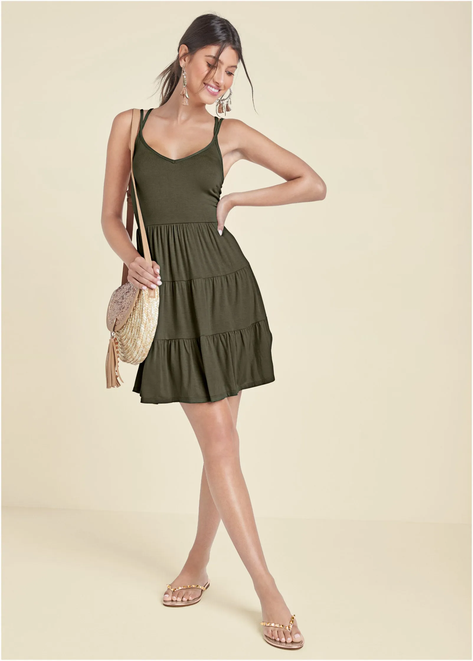 Tiered Strappy Mini Dress - Olive