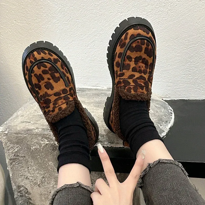 Uniwim Leopard Woman Platform Shoes Warm Loafers Designer 2024 Trend Winter New Outdoor Casual Sneakers Non-slip Pump