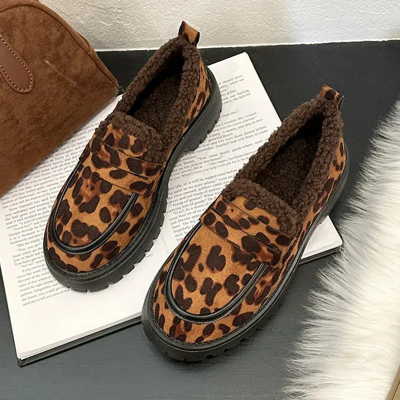 Uniwim Leopard Woman Platform Shoes Warm Loafers Designer 2024 Trend Winter New Outdoor Casual Sneakers Non-slip Pump