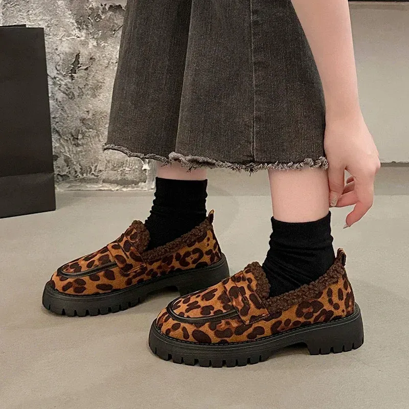 Uniwim Leopard Woman Platform Shoes Warm Loafers Designer 2024 Trend Winter New Outdoor Casual Sneakers Non-slip Pump