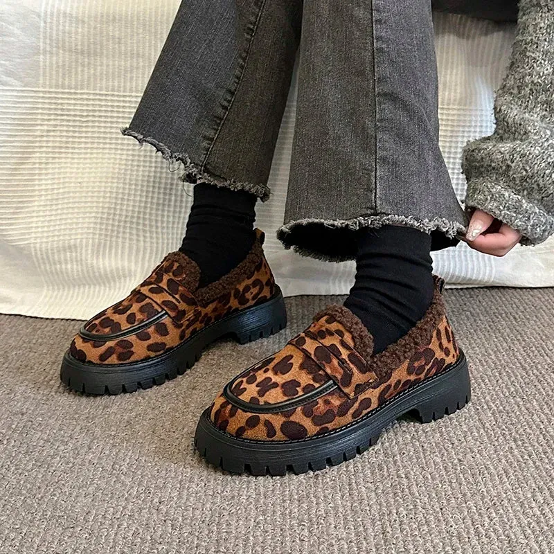 Uniwim Leopard Woman Platform Shoes Warm Loafers Designer 2024 Trend Winter New Outdoor Casual Sneakers Non-slip Pump