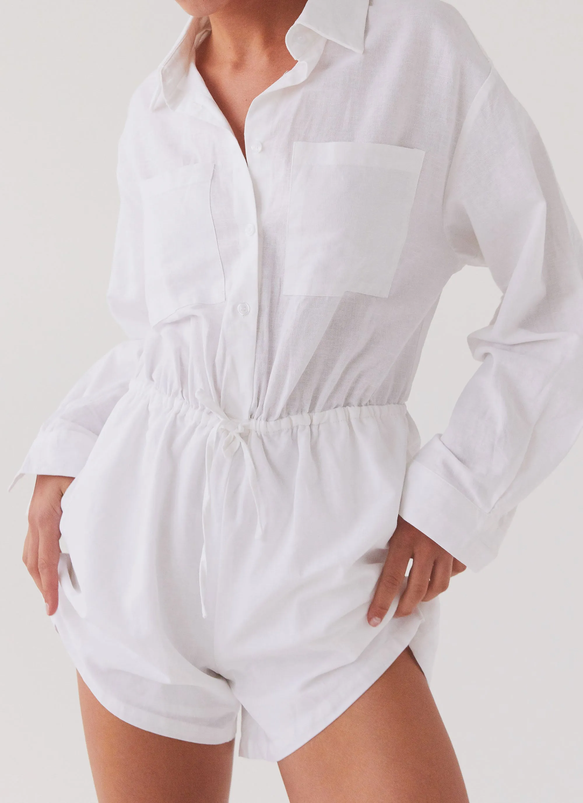 Unwind Linen Shirt Playsuit - White