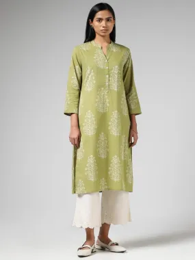 Utsa Lime Green Buta Printed Straight Kurta