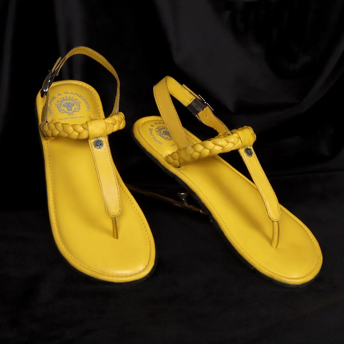 Weaved Loop Yellow T-Strap Buckled Genuine Leather Ladies Sandal by Brune & Bareskin