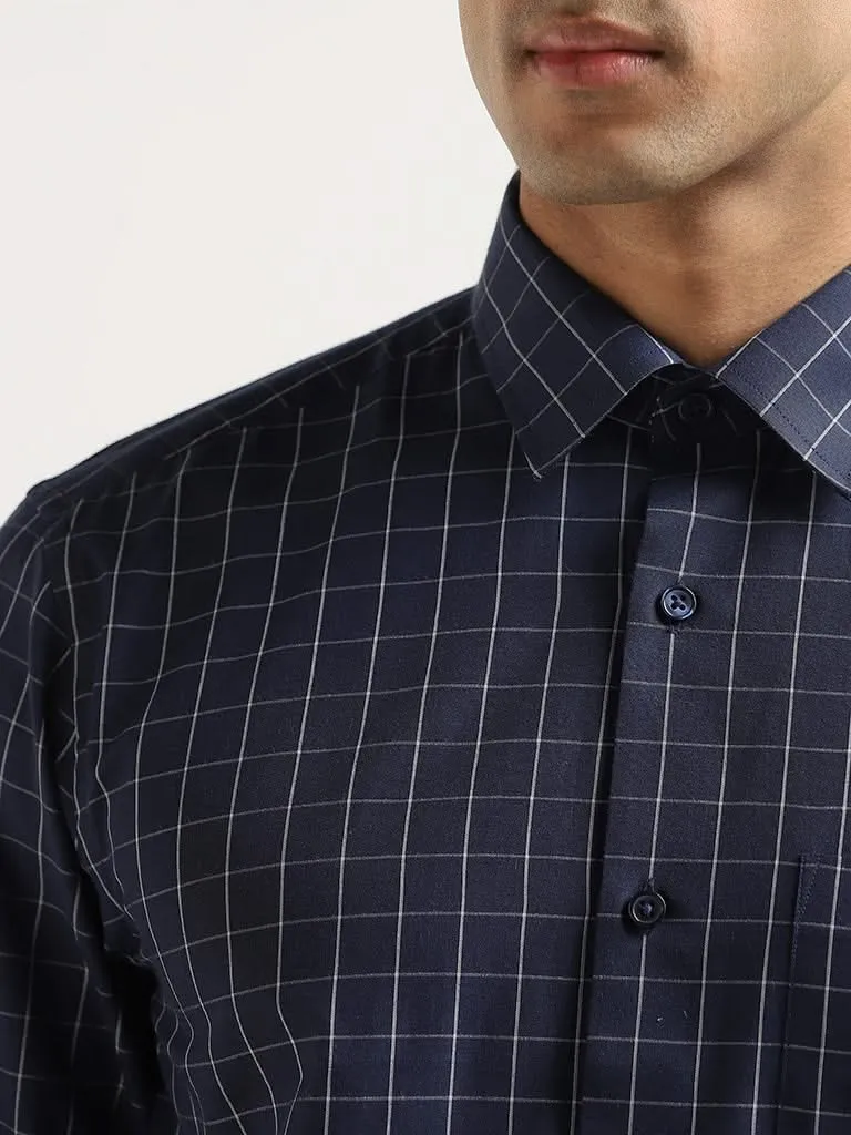 WES Formals Blue Checked Printed Cotton Relaxed Fit Shirt