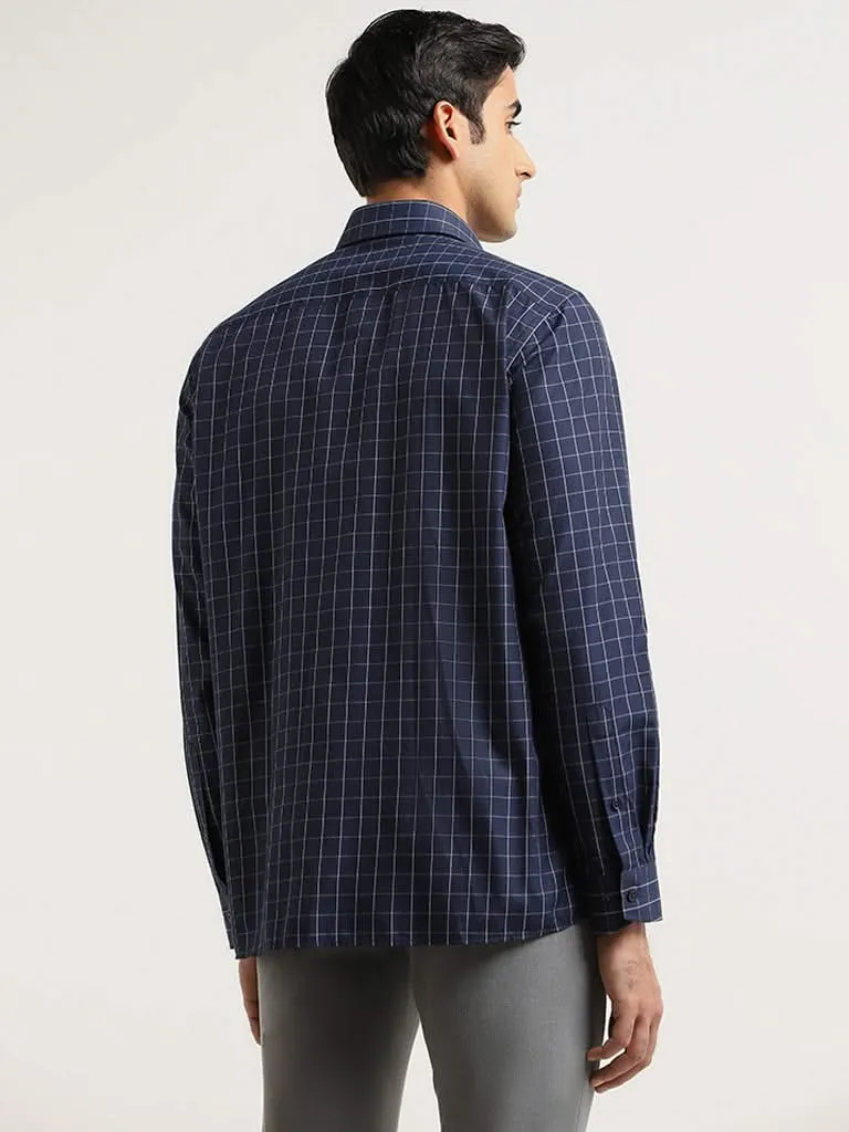 WES Formals Blue Checked Printed Cotton Relaxed Fit Shirt