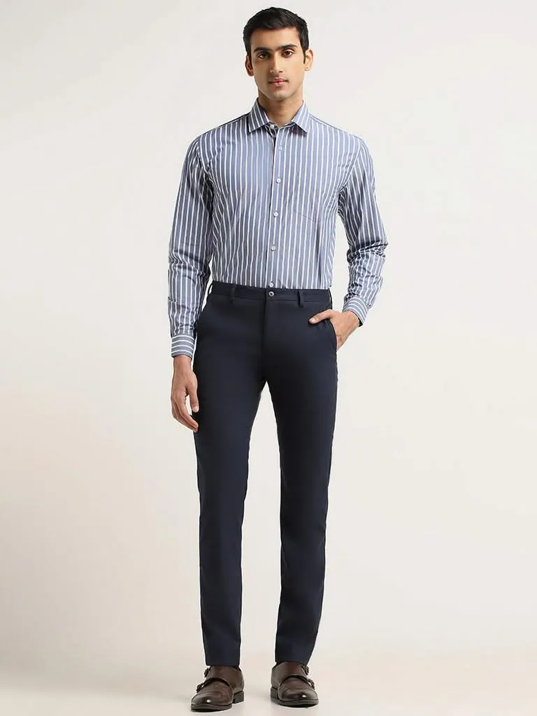 WES Formals Blue Striped Cotton Relaxed Fit Shirt