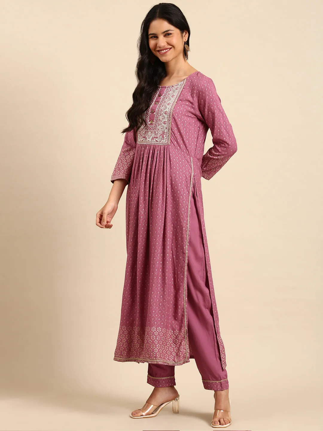 Women Geometric Purple Anarkali Kurta Set with Dupatta