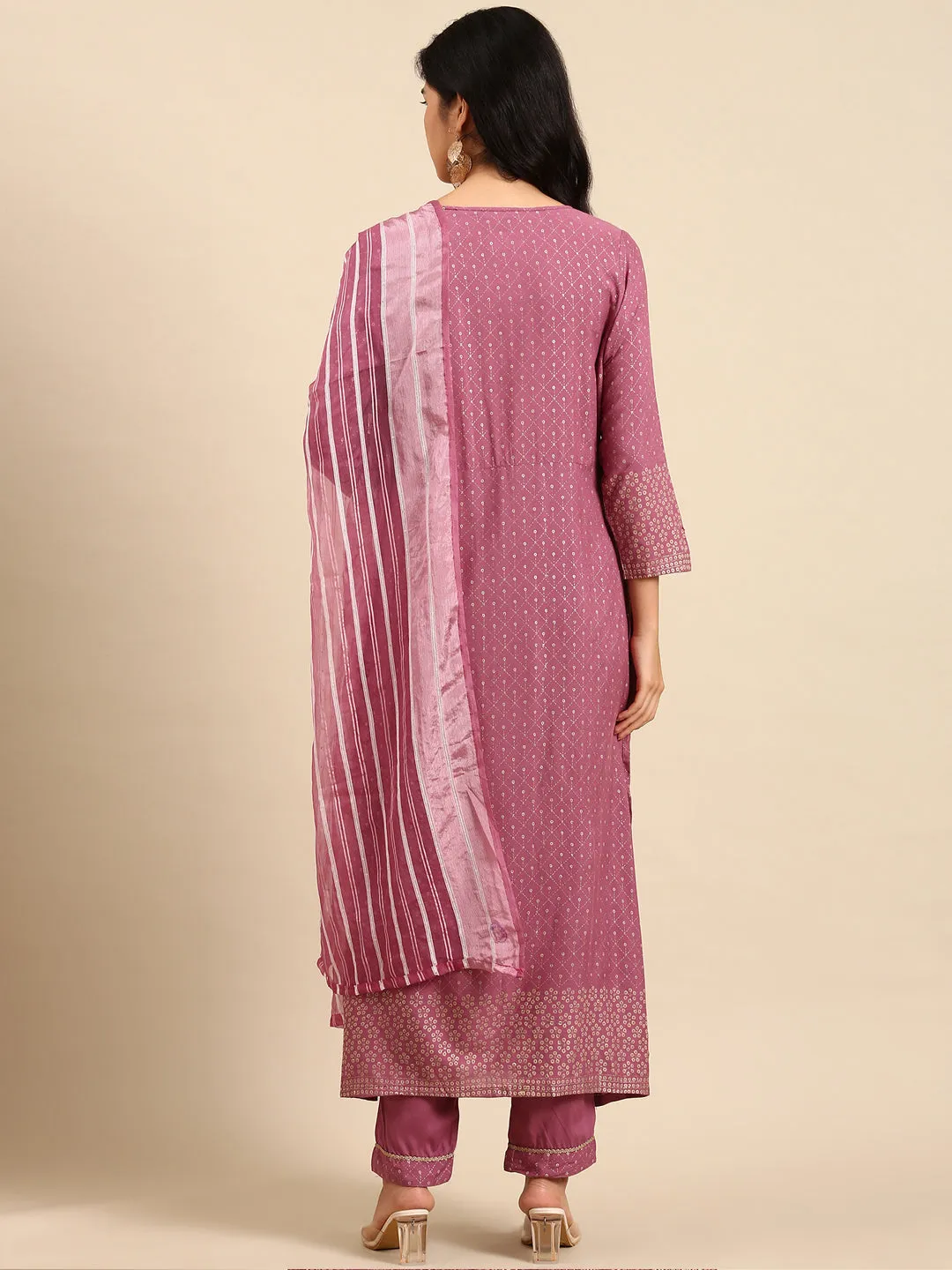 Women Geometric Purple Anarkali Kurta Set with Dupatta