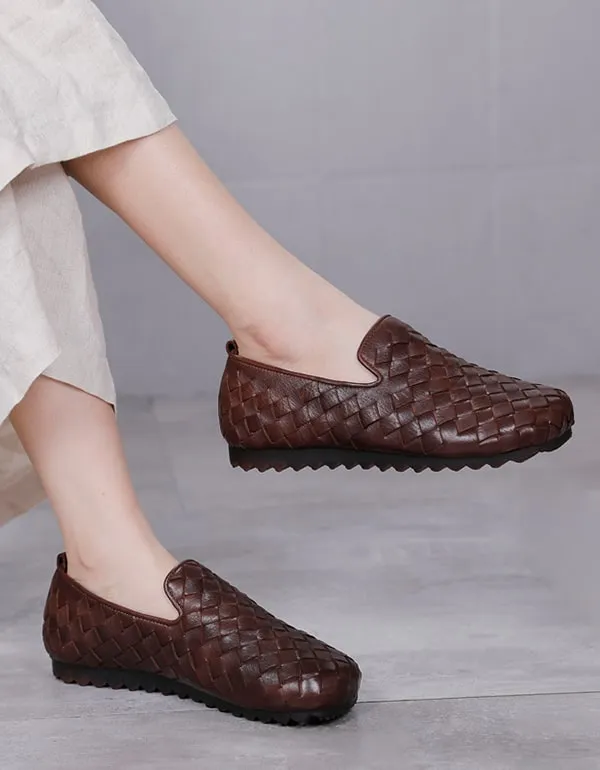 Women Leather Handmade Woven Retro Flat Loafers