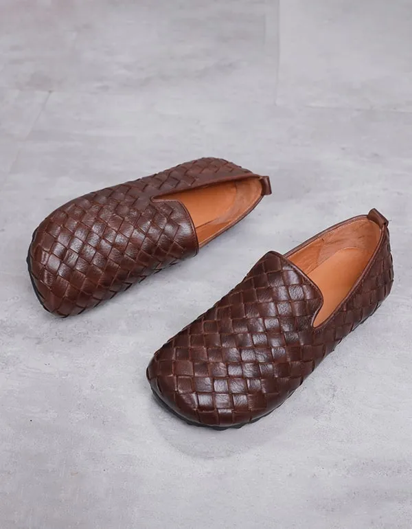 Women Leather Handmade Woven Retro Flat Loafers