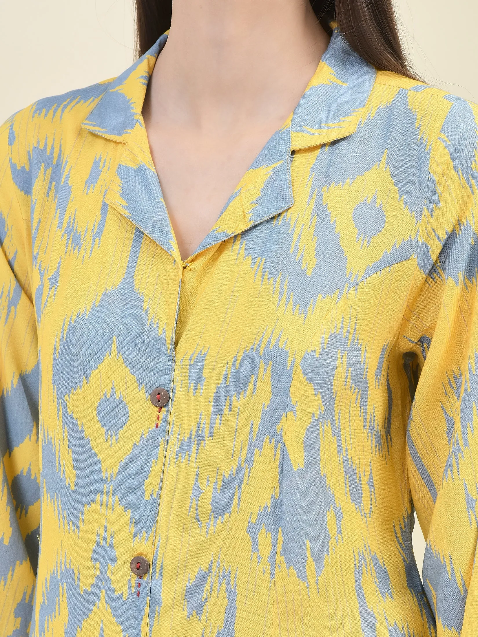 Women Liva Rayon Yellow Ikat Print Dress