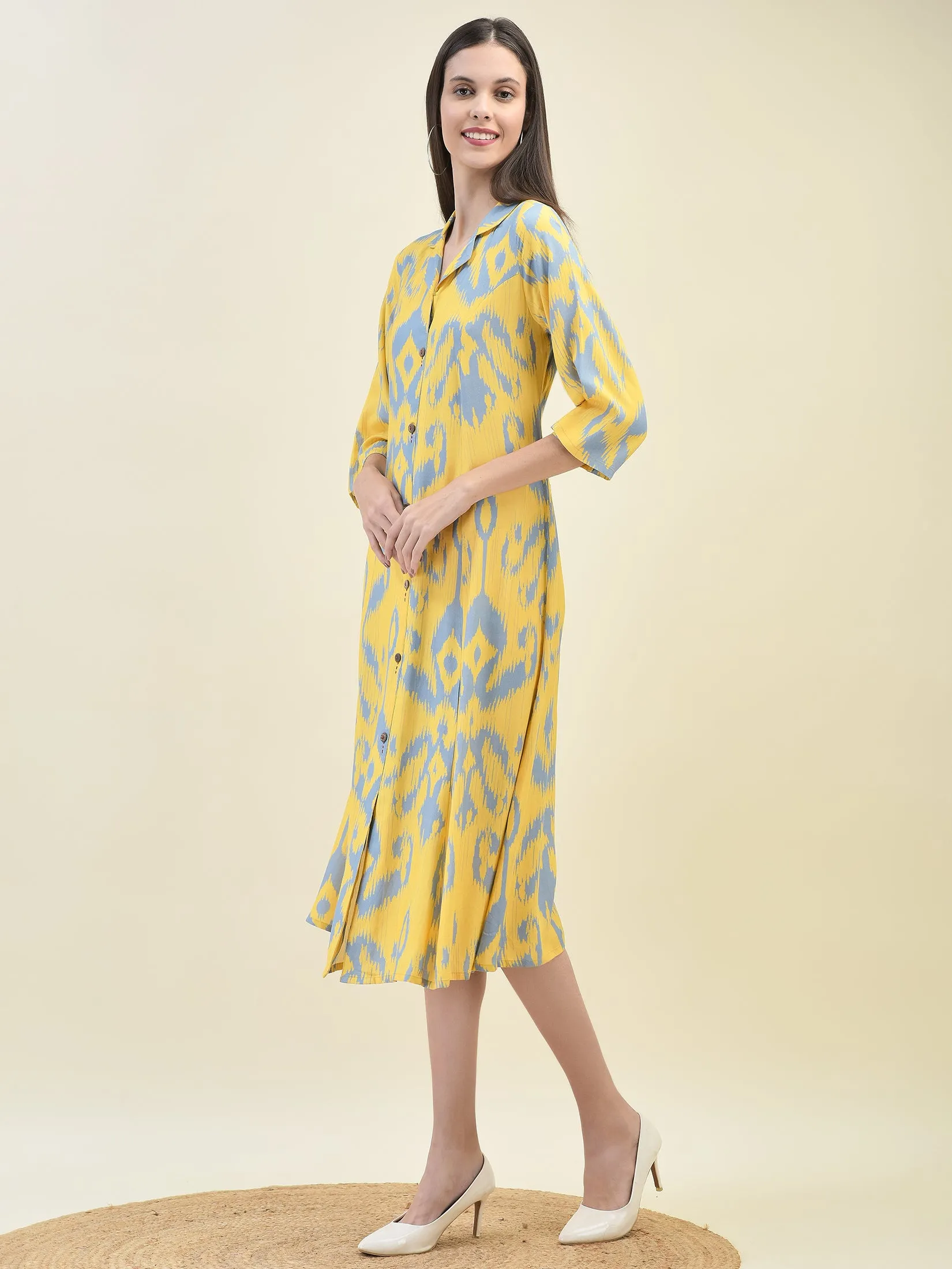 Women Liva Rayon Yellow Ikat Print Dress