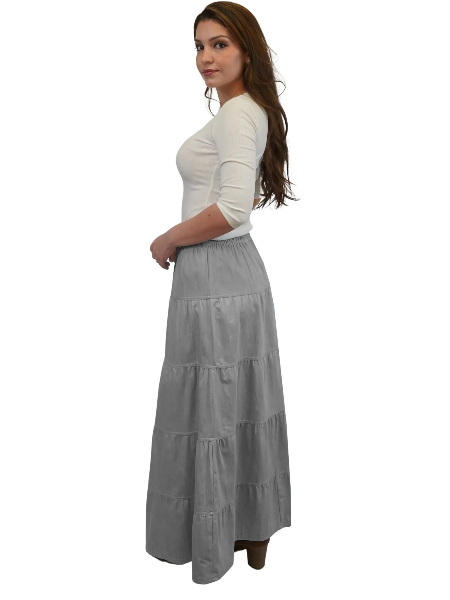 Women's Ankle Length Tiered Long Denim Prairie Skirt