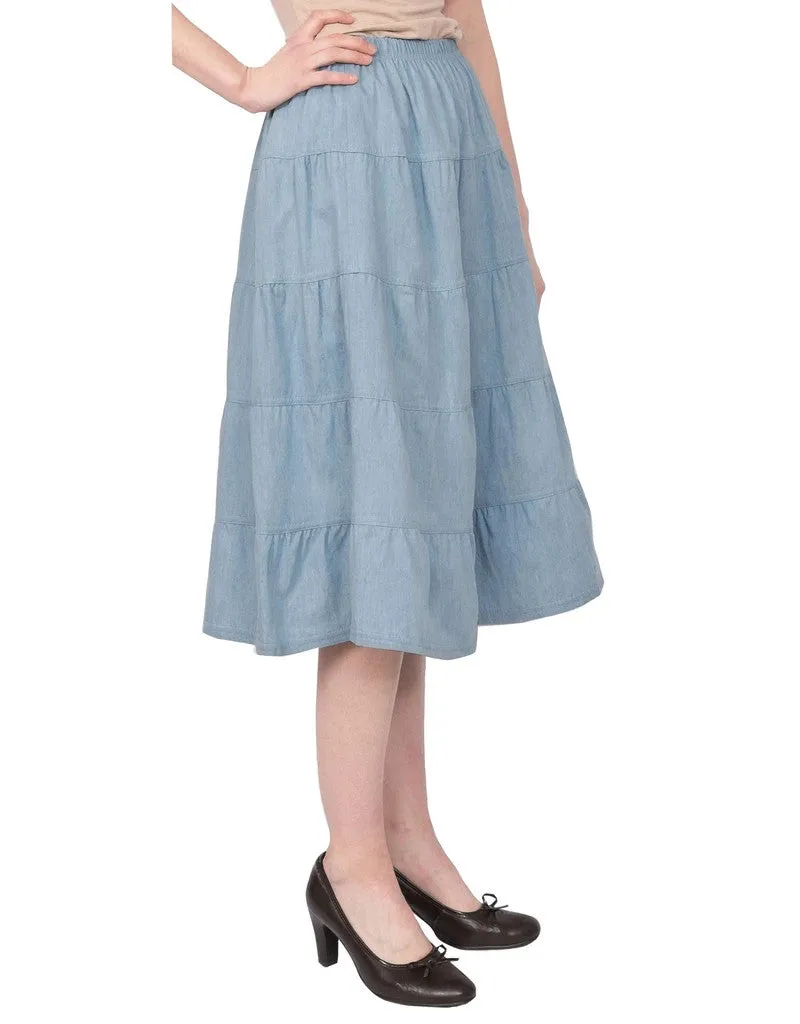 Women's Below the Knee Length 5 Tiered Denim Prairie Skirt