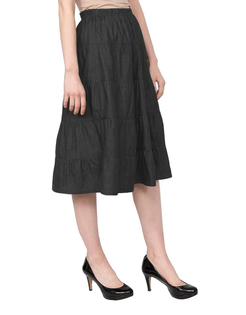 Women's Below the Knee Length 5 Tiered Denim Prairie Skirt