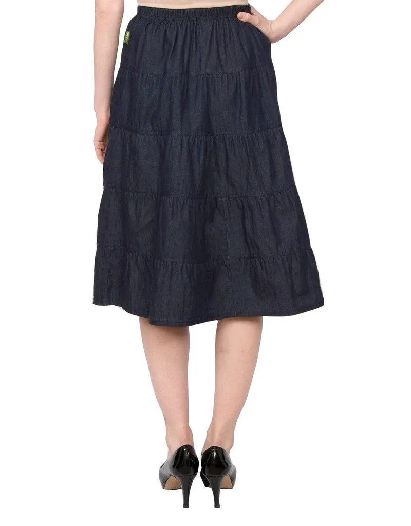 Women's Below the Knee Length 5 Tiered Denim Prairie Skirt