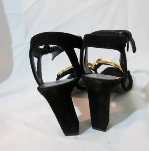 Womens CELINE PARIS Strappy High Heel Sandal Suede ITALY Shoe 36 6 BLACK GOLD