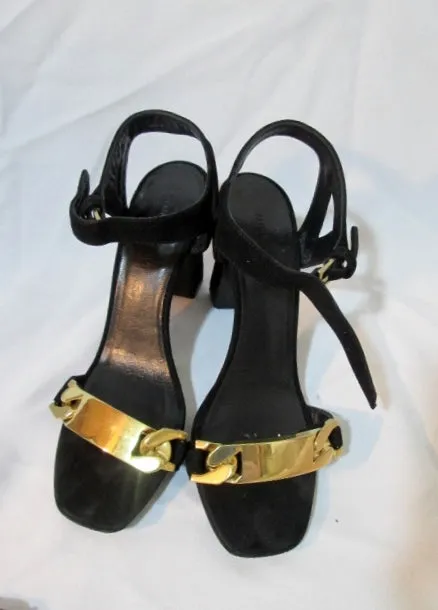 Womens CELINE PARIS Strappy High Heel Sandal Suede ITALY Shoe 36 6 BLACK GOLD