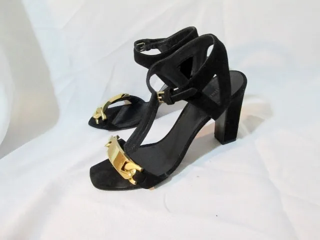 Womens CELINE PARIS Strappy High Heel Sandal Suede ITALY Shoe 36 6 BLACK GOLD