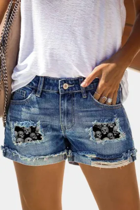 Womens Jean Shorts Skull Print Distressed High Waist Denim Shorts