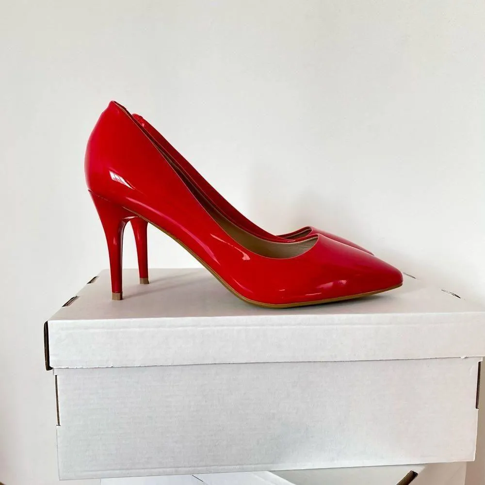 Women's Red Shiny Leather Pointed Toe Stilettos High Heels Shoe