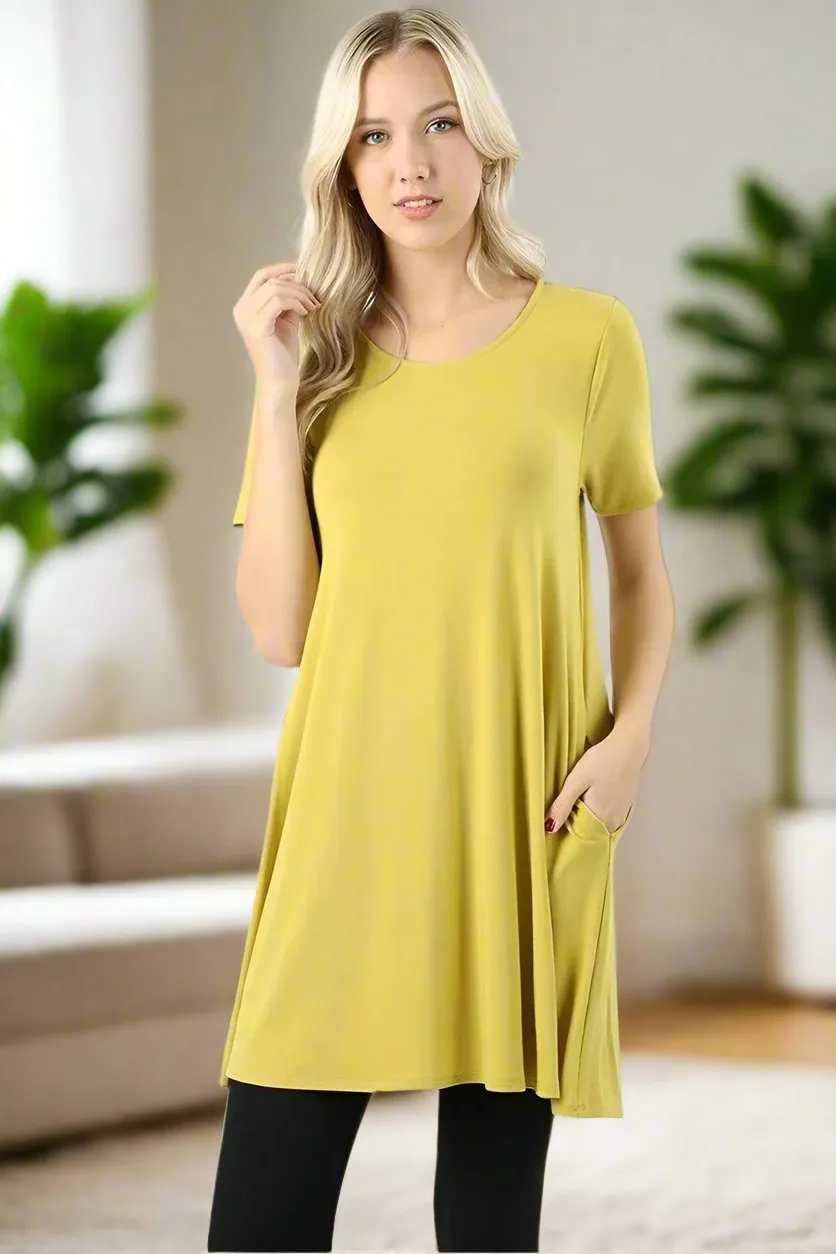 Womens Yellow Pocket Dress, Short Sleeve Shift Dress, Sizes S/M/L, Solid Yellow