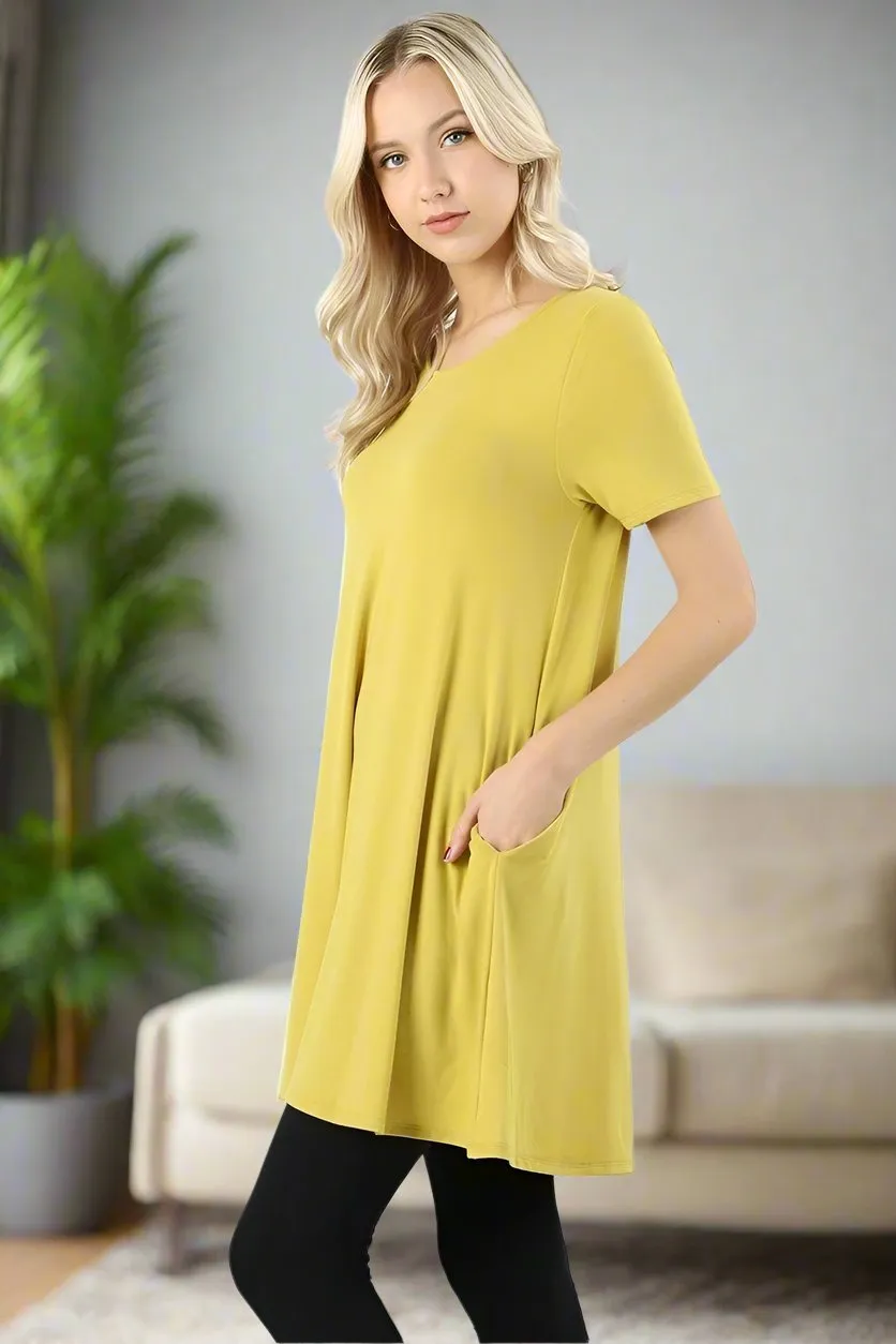 Womens Yellow Pocket Dress, Short Sleeve Shift Dress, Sizes S/M/L, Solid Yellow