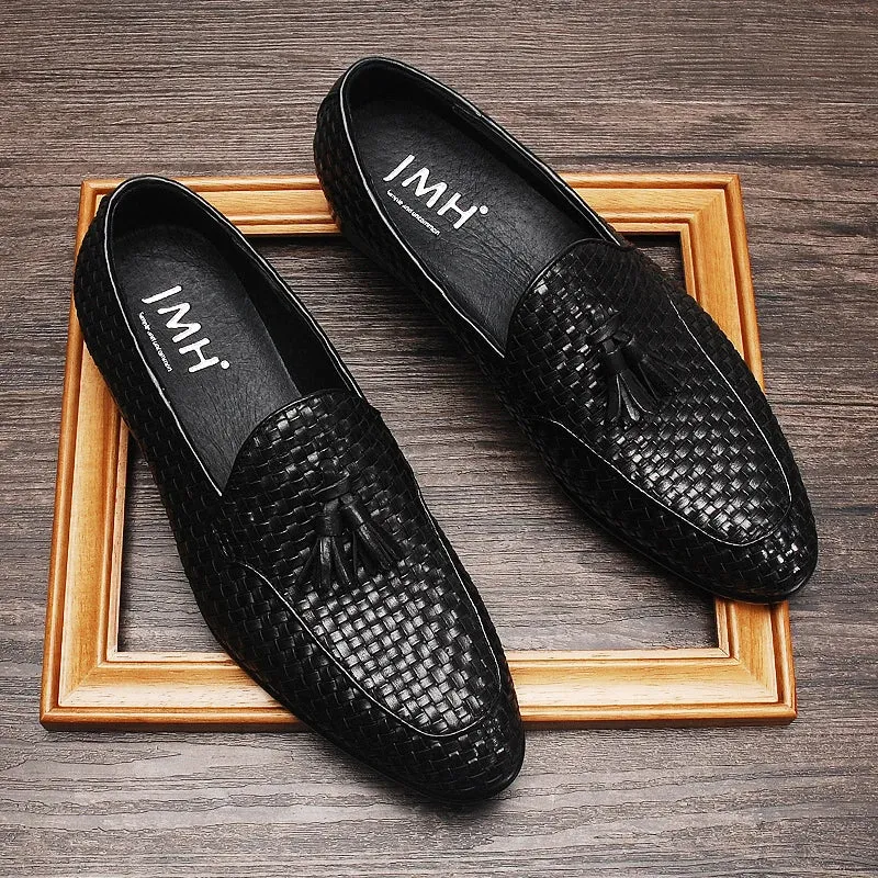 Woven Pattern Tassels Genuine Leather Loafers