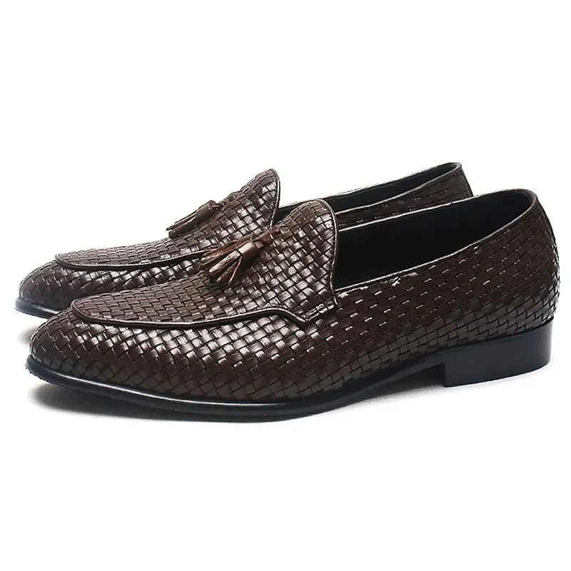 Woven Pattern Tassels Genuine Leather Loafers