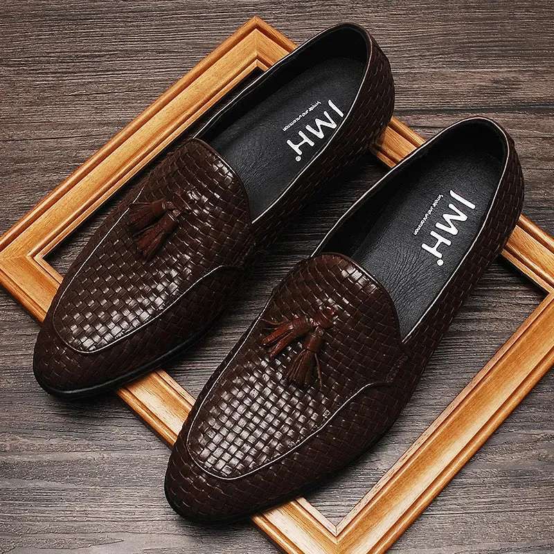 Woven Pattern Tassels Genuine Leather Loafers