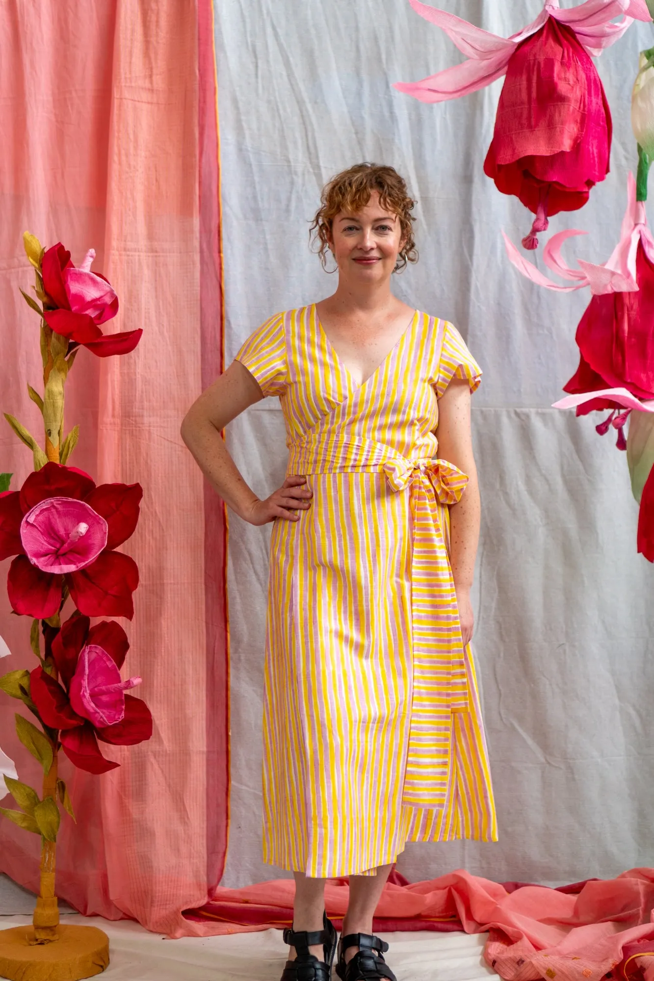 Wrap Tie Dress – Pink & Yellow Candy Stripe Print