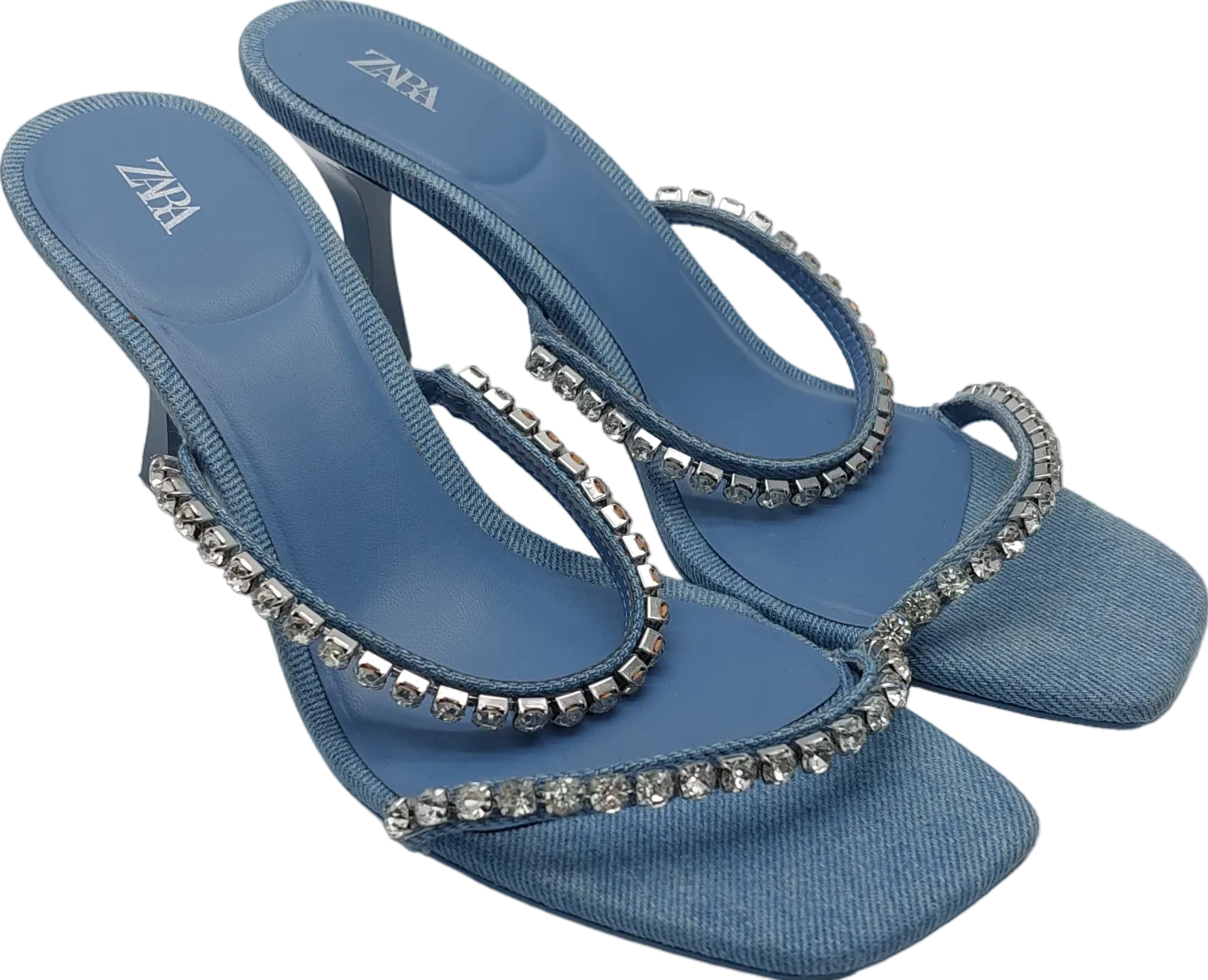 ZARA Blue Embellished Denim Heeled Sandals UK 4 EU 37 👠