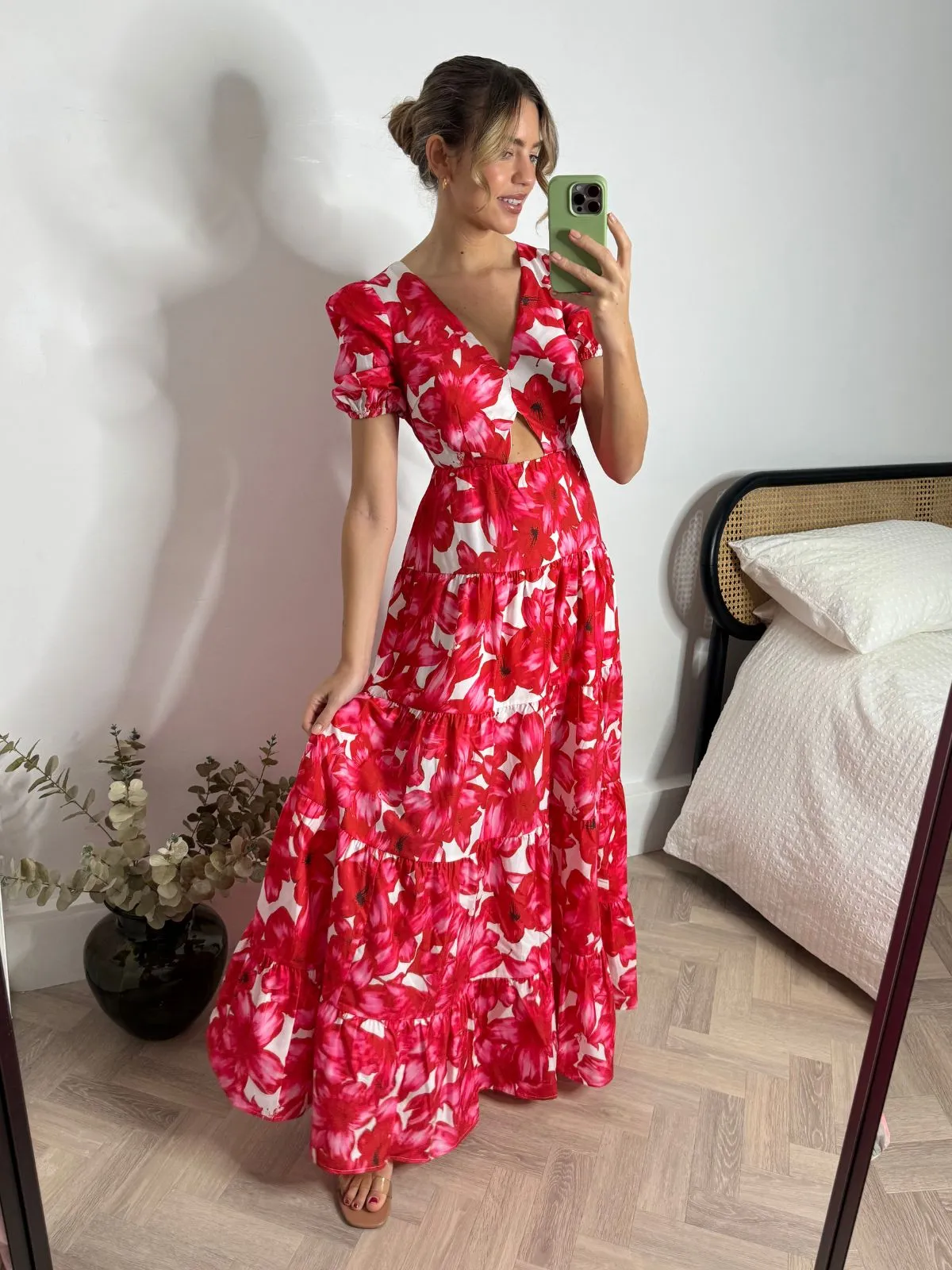 Zoe Tiered Cutout Maxi Dress / Red & White